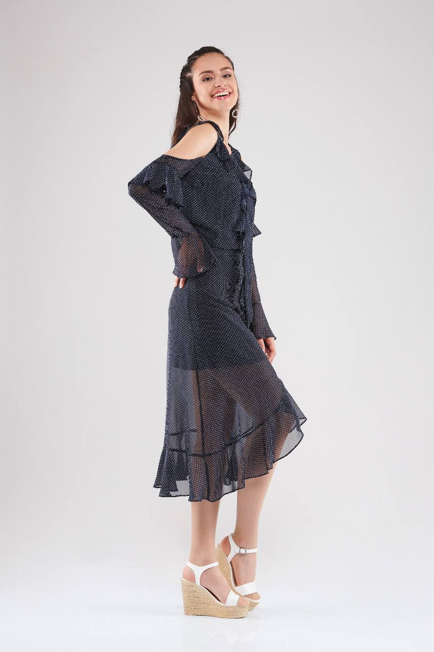 Cold Shoulder Ruffle Midi Dress