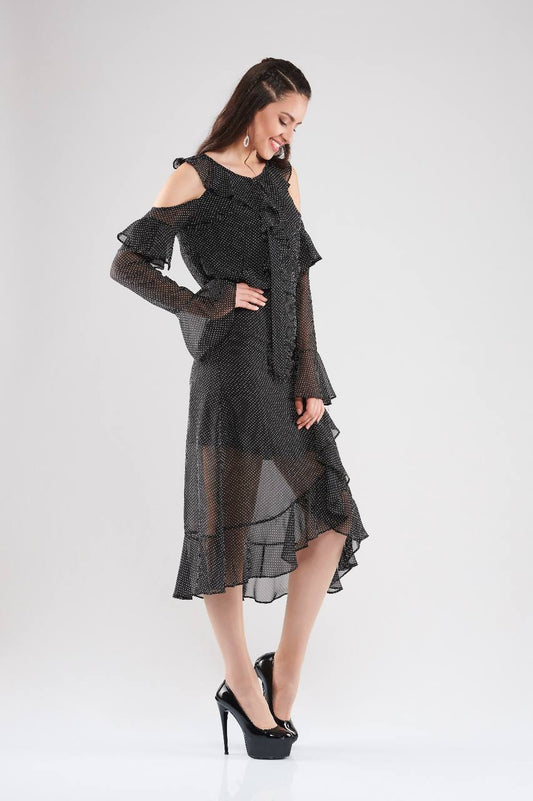 Cold Shoulder Ruffle Midi Dress