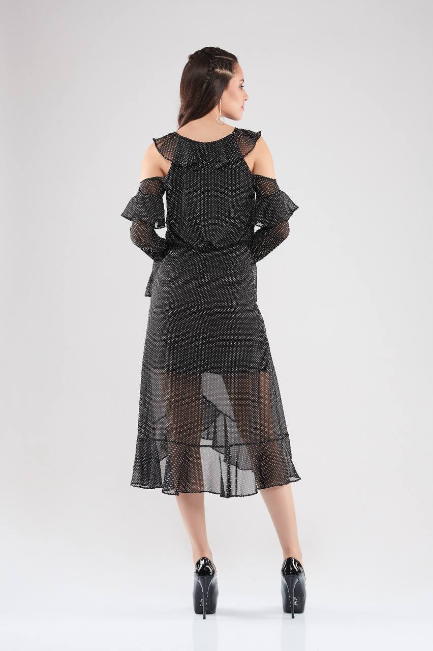 Cold Shoulder Ruffle Midi Dress