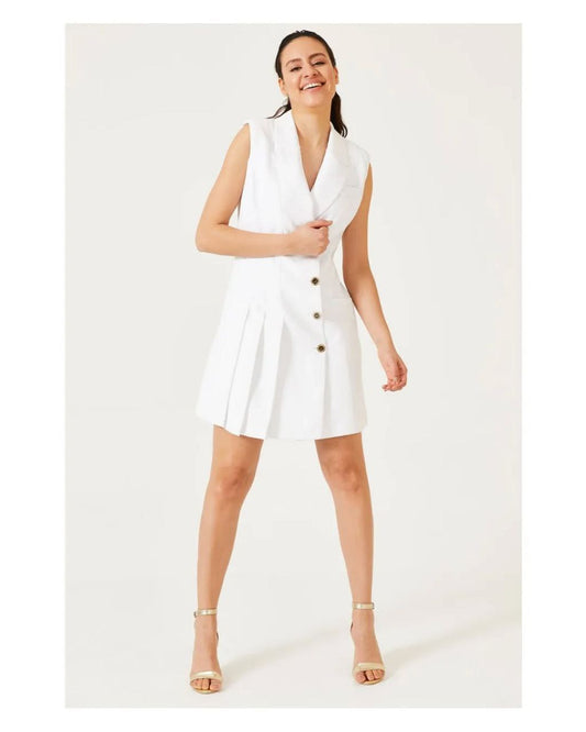 Sleeveless White Blazer Dress with Pleated Skirt