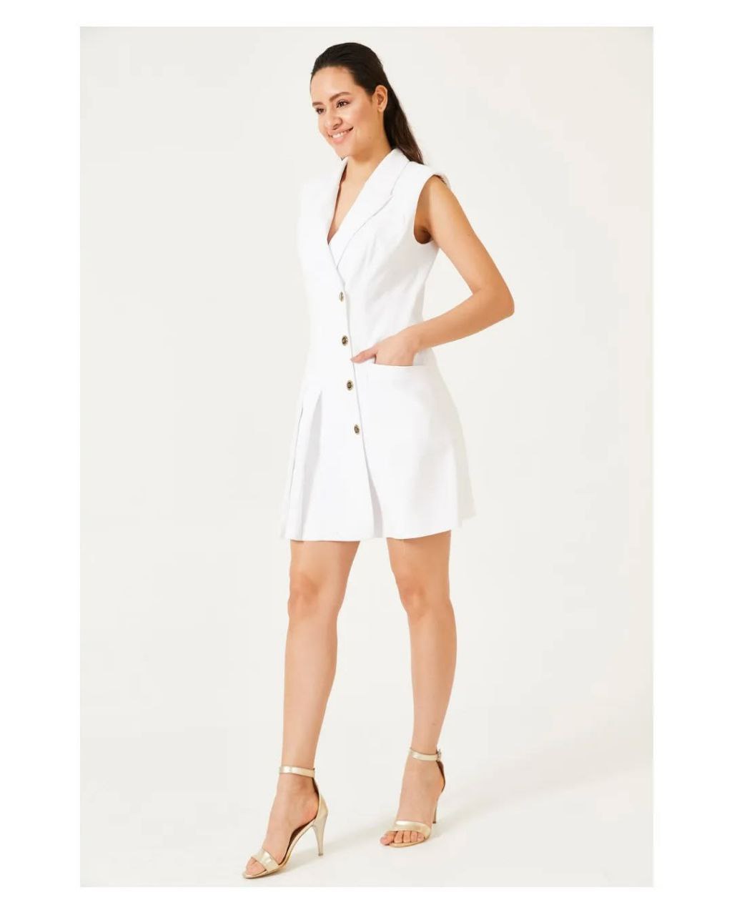 Sleeveless White Blazer Dress with Pleated Skirt