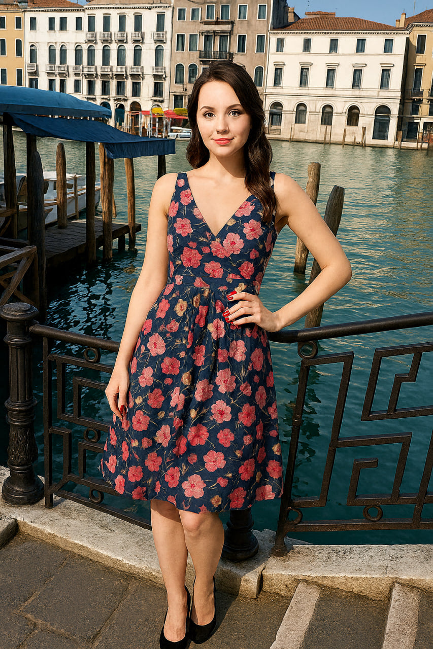 Elegant Floral & Chevron Midi Dress – Free Size, Comfortable Fit