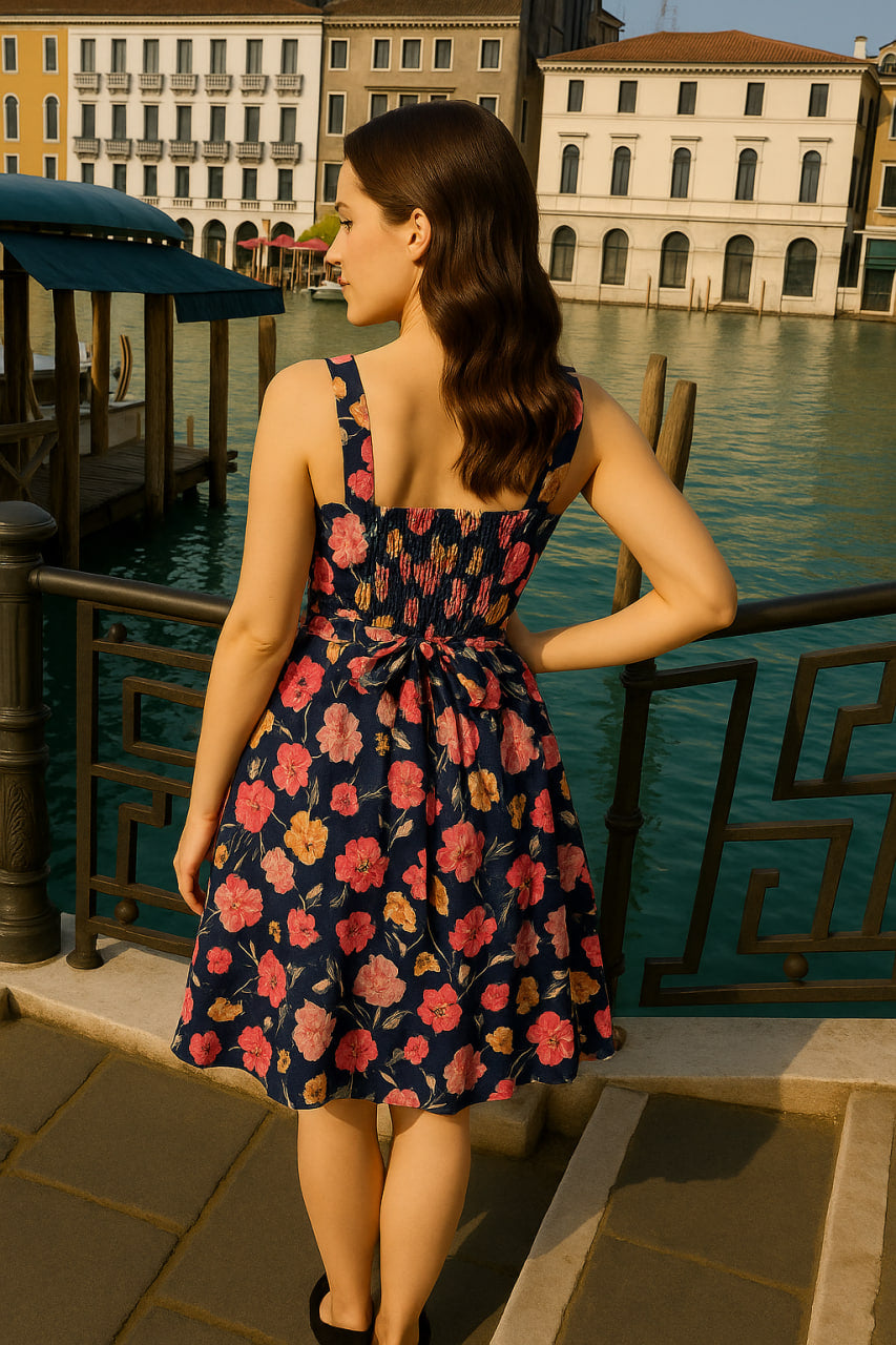 Elegant Floral & Chevron Midi Dress – Free Size, Comfortable Fit